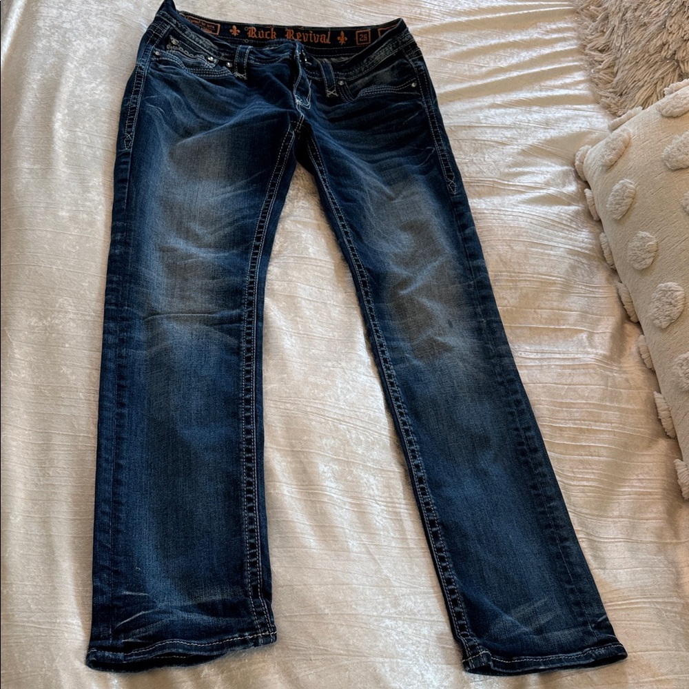 Rock Revival Dark Blue Denim Jeans with Orange Accents